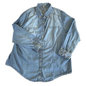 Per Se Shirt Denim Studs Roll Flip Sleeve Floral Blue 1X Button Hippie Boho Y2K